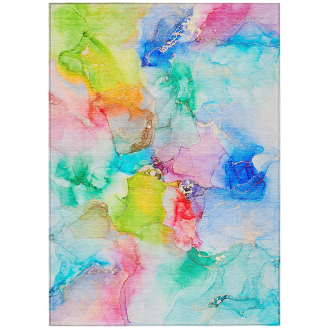 5' X 8' Blue Pink and Green Abstract Washable Indoor Outdoor Area Rug