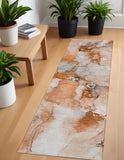 2' X 8' Orange and Ivory Abstract Washable Indoor Outdoor Runner Rug