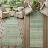 2' X 8' Artichoke Green Striped Washable Indoor Outdoor Runner Rug