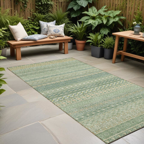 2' X 8' Artichoke Green Striped Washable Indoor Outdoor Runner Rug