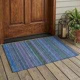 2' X 3' Blue and Green Striped Washable Non Skid Indoor Outdoor Area Rug