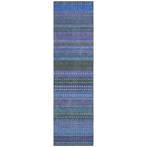 2' X 8' Blue and Green Striped Washable Indoor Outdoor Runner Rug