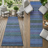 2' X 8' Blue and Green Striped Washable Indoor Outdoor Runner Rug