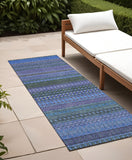 2' X 8' Blue and Green Striped Washable Indoor Outdoor Runner Rug