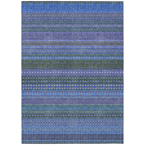 5' X 8' Blue and Green Striped Washable Non Skid Indoor Outdoor Area Rug