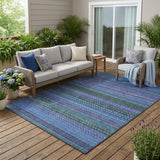 5' X 8' Blue and Green Striped Washable Non Skid Indoor Outdoor Area Rug