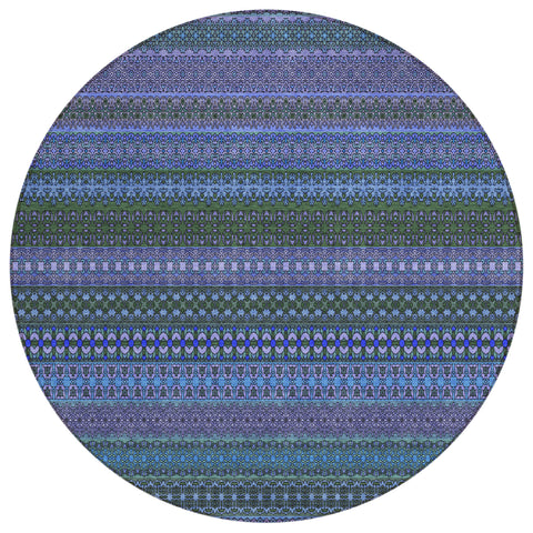 8' Round Blue and Green Round Striped Washable Non Skid Indoor Outdoor Area Rug