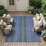 8' X 10' Blue and Green Striped Washable Non Skid Indoor Outdoor Area Rug