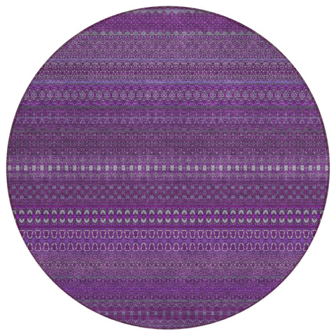 8' Round Eggplant Round Striped Washable Non Skid Indoor Outdoor Area Rug