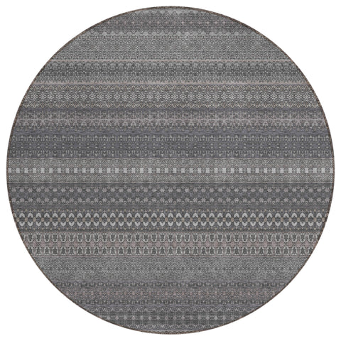 8' Round Gray Round Striped Washable Non Skid Indoor Outdoor Area Rug
