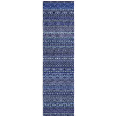 2' X 8' Navy Blue Striped Washable Indoor Outdoor Runner Rug