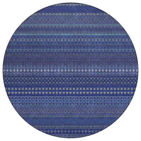 8' Round Navy Blue Round Striped Washable Non Skid Indoor Outdoor Area Rug