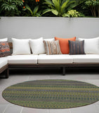 8' Round Olive Green Round Striped Washable Non Skid Indoor Outdoor Area Rug