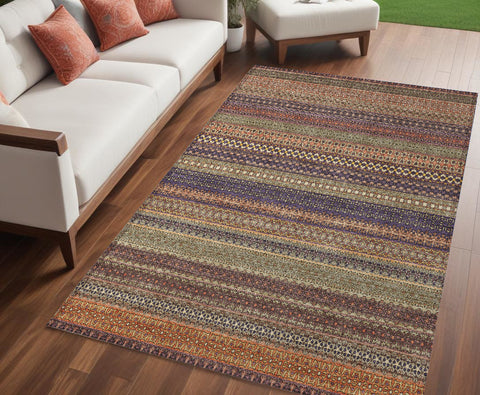 5' X 8' Orange Striped Washable Non Skid Indoor Outdoor Area Rug