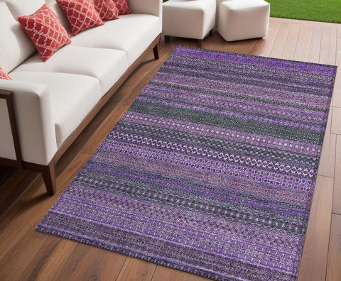 5' X 8' Purple Striped Washable Non Skid Indoor Outdoor Area Rug