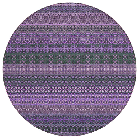 8' Round Purple Round Striped Washable Non Skid Indoor Outdoor Area Rug