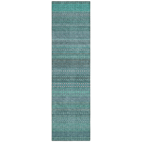 2' X 8' Turquoise Striped Washable Indoor Outdoor Runner Rug