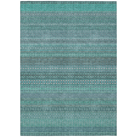 5' X 8' Turquoise Striped Washable Non Skid Indoor Outdoor Area Rug