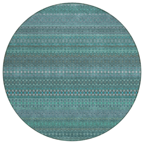 8' Round Turquoise Round Striped Washable Non Skid Indoor Outdoor Area Rug