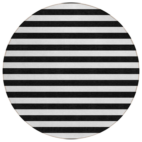8' Round Black and White Round Striped Washable Non Skid Indoor Outdoor Area Rug