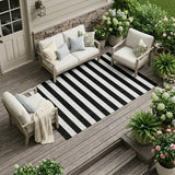 8' X 10' Black and White Striped Washable Non Skid Indoor Outdoor Area Rug