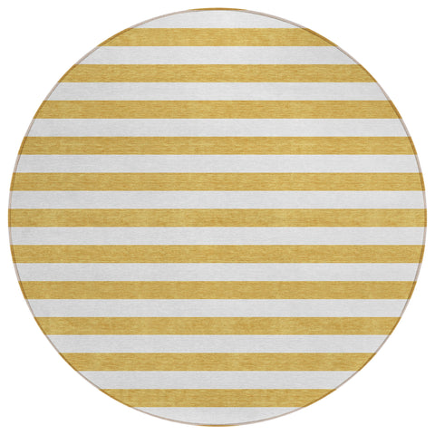 8' Round Gold Round Striped Washable Non Skid Indoor Outdoor Area Rug