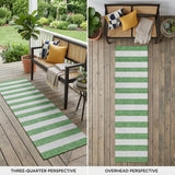 2' X 8' Green and White Striped Washable Indoor Outdoor Runner Rug