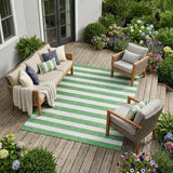 8' X 10' Green and White Striped Washable Indoor Outdoor Area Rug
