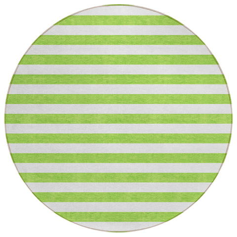8' Round Green and White Round Striped Washable Non Skid Indoor Outdoor Area Rug