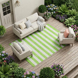 8' X 10' Green and White Striped Washable Non Skid Indoor Outdoor Area Rug