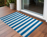 3' X 5' Navy Blue Striped Washable Non Skid Indoor Outdoor Area Rug