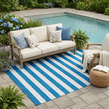 5' X 8' Navy Blue Striped Washable Non Skid Indoor Outdoor Area Rug