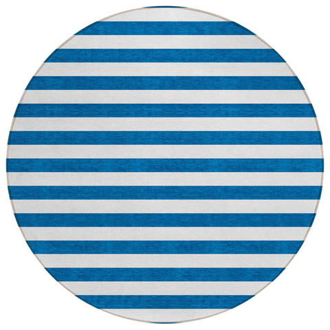 8' Round Navy Blue Round Striped Washable Non Skid Indoor Outdoor Area Rug