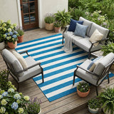 8' X 10' Navy Blue Striped Washable Non Skid Indoor Outdoor Area Rug