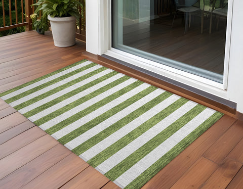 2' X 3' Olive Green Striped Washable Non Skid Indoor Outdoor Area Rug