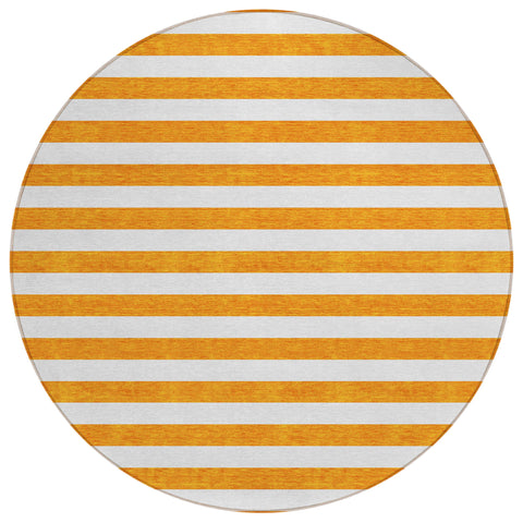 8' Round Orange and White Round Striped Washable Non Skid Indoor Outdoor Area Rug