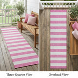 2' X 8' Pink and White Striped Washable Indoor Outdoor Runner Rug