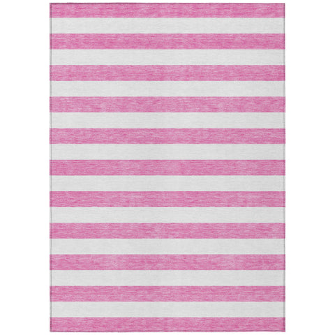 5' X 8' Pink and White Striped Washable Non Skid Indoor Outdoor Area Rug