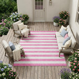 8' X 10' Pink and White Striped Washable Non Skid Indoor Outdoor Area Rug