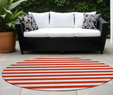 8' Round Red and White Round Striped Washable Non Skid Indoor Outdoor Area Rug