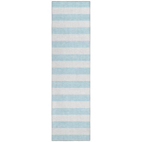 8' Runner Sky Blue Striped Washable Non Skid Indoor Outdoor Runner Rug