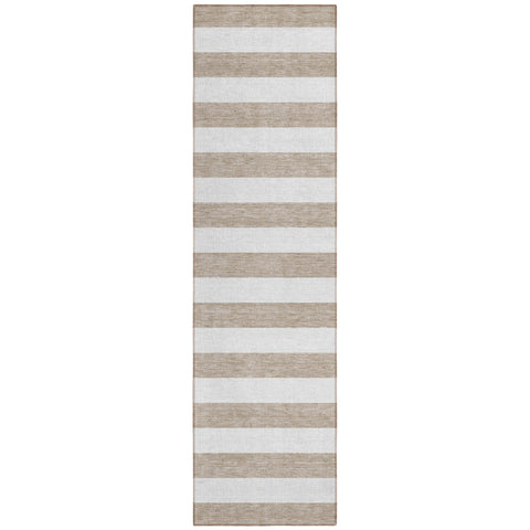 2' X 8' Taupe and White Striped Washable Indoor Outdoor Runner Rug