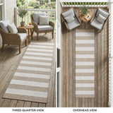 2' X 8' Taupe and White Striped Washable Indoor Outdoor Runner Rug