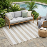 5' X 8' Taupe and White Striped Washable Indoor Outdoor Area Rug