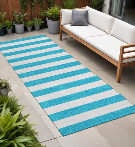 2' X 8' Teal and White Striped Washable Indoor Outdoor Runner Rug