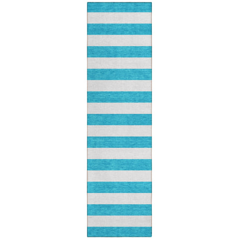 2' X 8' Teal and White Striped Washable Indoor Outdoor Runner Rug