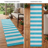 2' X 8' Teal and White Striped Washable Indoor Outdoor Runner Rug
