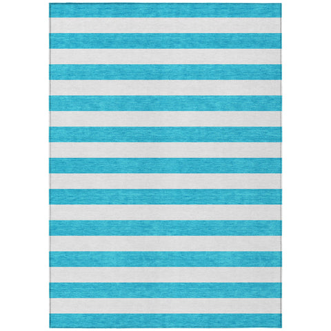 3' X 5' Teal and White Striped Washable Indoor Outdoor Area Rug