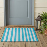 3' X 5' Teal and White Striped Washable Indoor Outdoor Area Rug