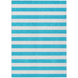 5' X 8' Teal and White Striped Washable Indoor Outdoor Area Rug